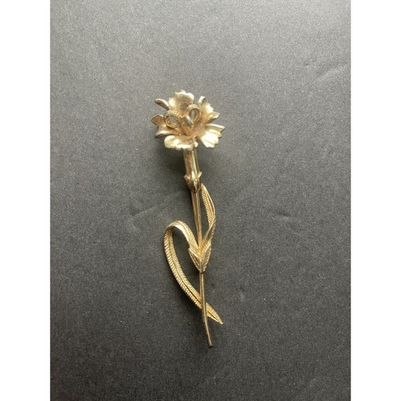 CASTLECLIFF Single Rose on Stem Brooch Lapel Pin Gold Tone Vintage Signed - Picture 1 of 7